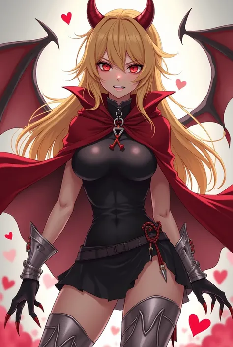 A demonic woman with long golden hair with crimson eyes wearing a black outfit tied together with a crimson cape with silver bracelets with sharp claws and silver booties with simple armor with a murderous and arrogant look with a heart-tipped tail and tri...