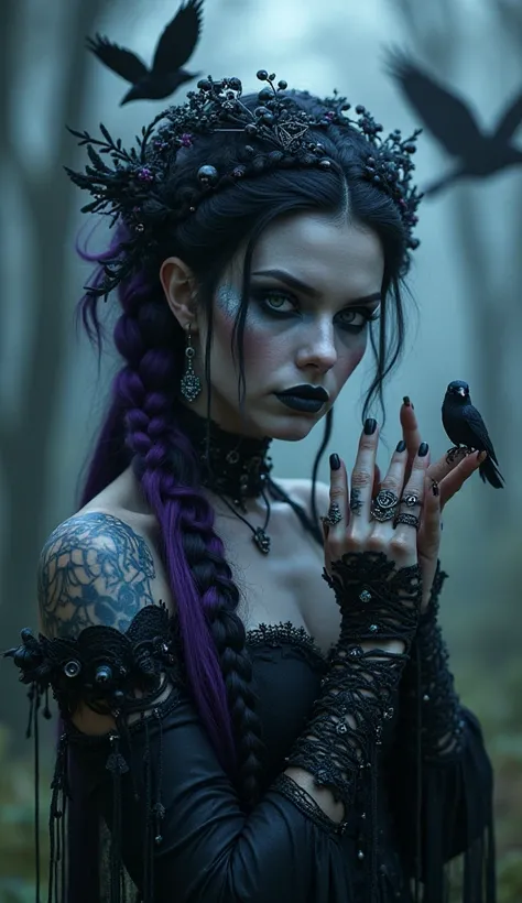 a dark, mystical beautiful stunning gothic woman surrounded by symbolism of death and magic. Her skin is a metallic, cool blue tone, while her face has piercing eyes and finely defined features. Her black hair purple tips and tral roots is braided into det...