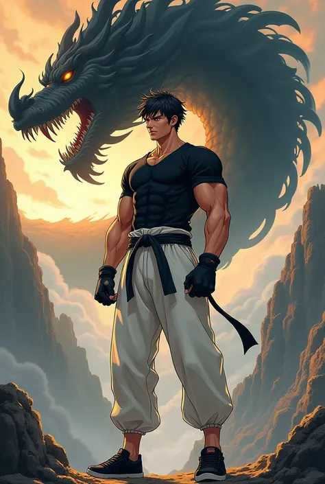  A tall anime-style man with a sturdy and defined body ,  Black hair,  golden neon eyes without pupils ,  With a fearless smile , wearing a tight black shirt around your body highlighting your muscles, loose white martial arts pants and wearing black sneak...