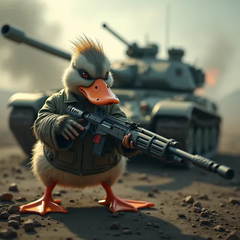 Create an image of a duck with an angry expression, holding a rifle ,next to a war tank in a war scenario