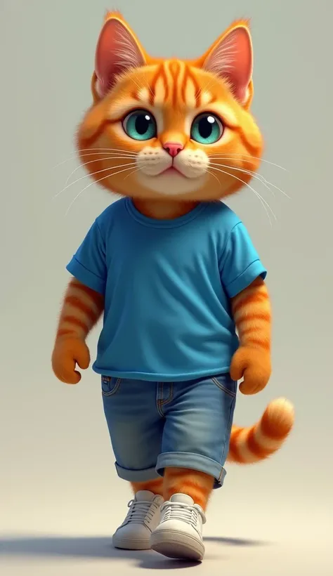  a cuddly eyed cat wearing a blue t-shirt, denim shorts and white sneakers , a hyperrealistic painting by Tadashi Nakayama , reddit, hairy art, Garfield-O the cat, Fluffy cat,  anthropomorphic cat , amazing cat, Garfield-O,  ultra realistic image , cute ca...