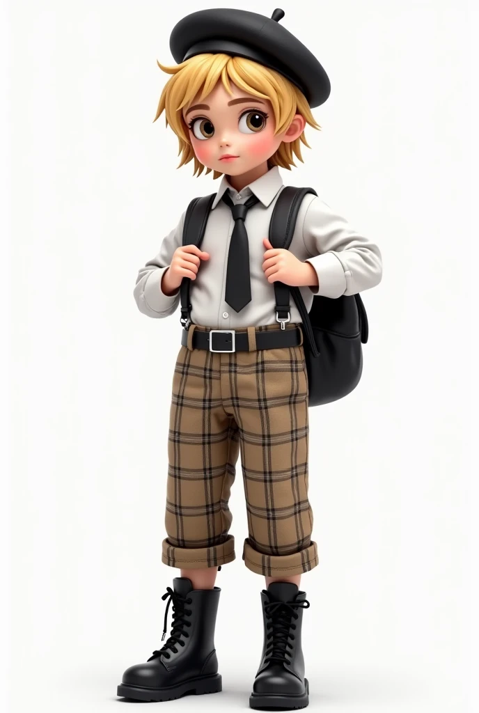   boy with medium blonde short wet effect , colored eyes ,  thick lips with gloss ,perfect eyebrows, natural makeup ,  wearing a black beret with a school uniform , a white shirt with a black tie a plaid pants in beige and black shades , with a black belt ...