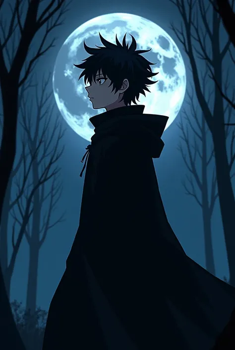 Create a boy he is surrounded by 14 to  with slightly messy and spiky black hair he is wearing a black cloak he is on the side of those in a way that shows the sky and the moon surrounded I want trees he is a Dark style that alternates between realism and ...