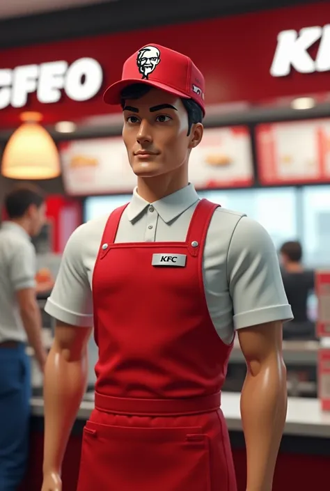 I need a male doll working at KFC with the uniform with the white shirt, red apron, red hat, blue pants and silver badge.