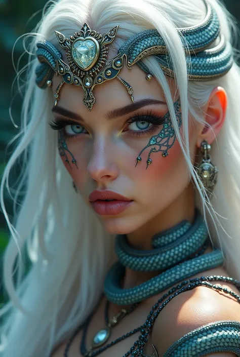  Portrait of the beautiful Snake Princess - a witch girl with snake symbols, Diamond deadadema on her head with a snake in the center  ! Her precious jewelry - earrings , neck necklace, ring on the finger,  bracelet on her hand - they all have the silhouet...