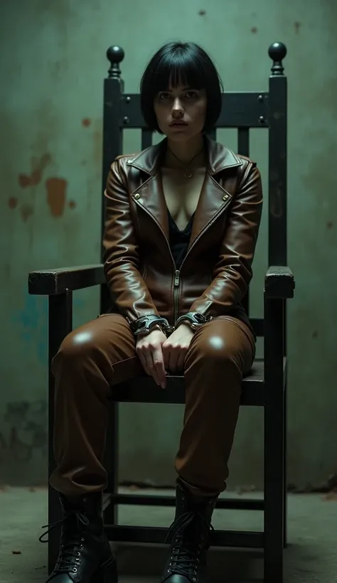 A french girl with short hair and fringe haircut, with her hands firmly handcuffed on a electric chair. She's wearing a zipped brown leather jumpsuit and leather boots.. Fullbody veiw