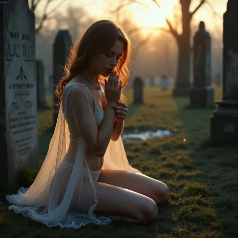 A full landscape of a young beautiful seductive widow alone in the vast graveyard and seducing the viewers. View from a far panoramic bird-eye's view above, in 8K. The heavy snowstorm of December cleared up and the sun shines brightly. In the graveyard, A ...