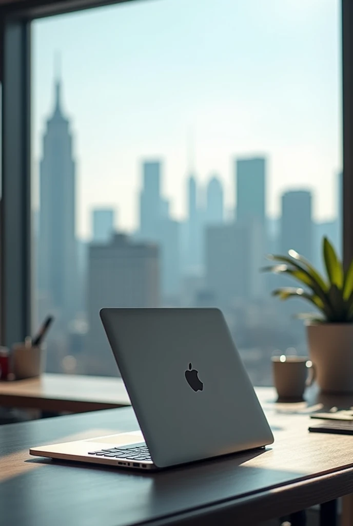 Apple notebook photo on the table with a view of the city 