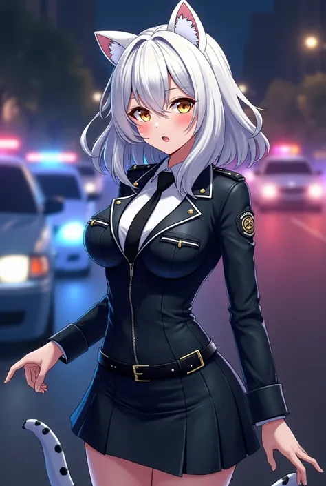 Screenshot of anime female character with white, hip-length, wavy hair, golden eyes, tight leather police suit with skirt, flirtatious expression, background of a street with police cars at night, has white leopard ears and tail