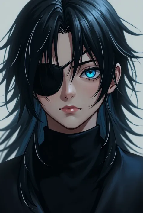 A young adult male with black flowy hair with white highlights, make him wear an eyepatch over his right eye, and make the left eye light blue. 