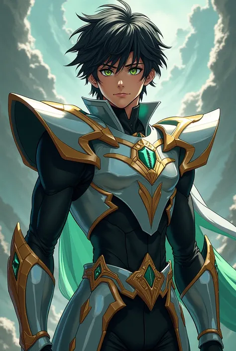 17-year-old young man with black hair and green eyes wearing the armor Livyatan saint seiya armor color silver and black digital painting