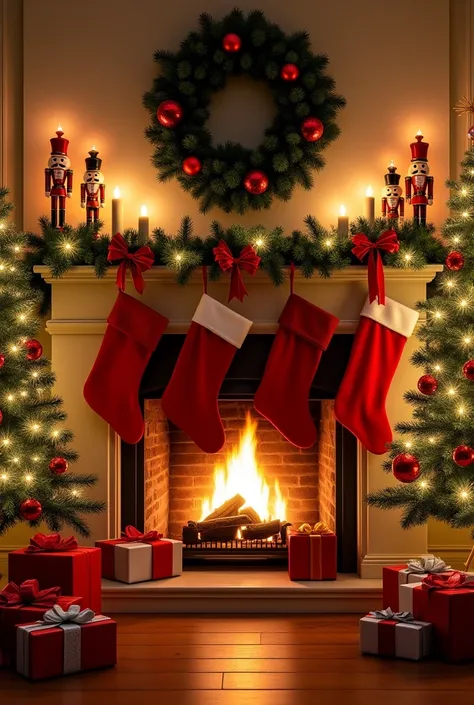  Create a warm and festive Christmas scene .  Imagine a warmly decorated fireplace , with red tights hanging ,  a green garland with red ribbons and nutcracker figures on each side . Above the fireplace ,  a Christmas wreath decorated with red and white ba...