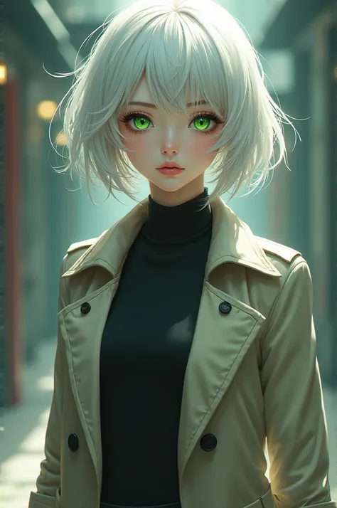  A girl with white hair above her shoulders,  green eyes, dressed in an elegant trench coat , anime