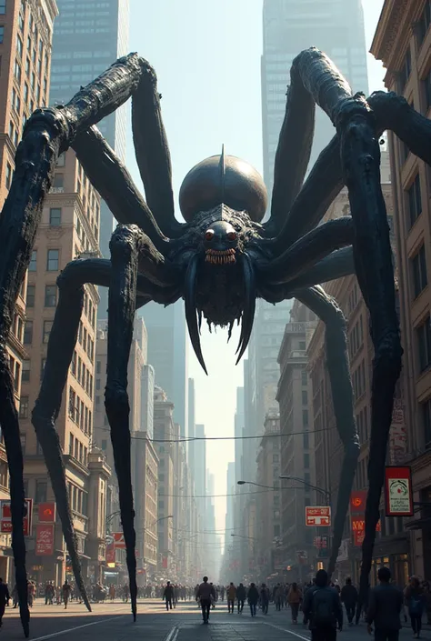 Create an image of a giant Spider walking between buildings in the center of an ultra-realistic daytime city 