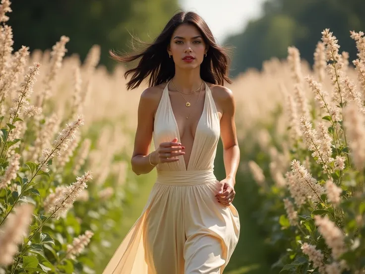 (( best quality )), (( masterpiece )), (detailed), ( realistic ),Run through a flower garden  ,modern und luxurious, Elegant beige clothing, white gold ,   beautiful woman,  Sunny,  black, gold, weiss, red full lips,  blacke wellige haare , very modern, go...