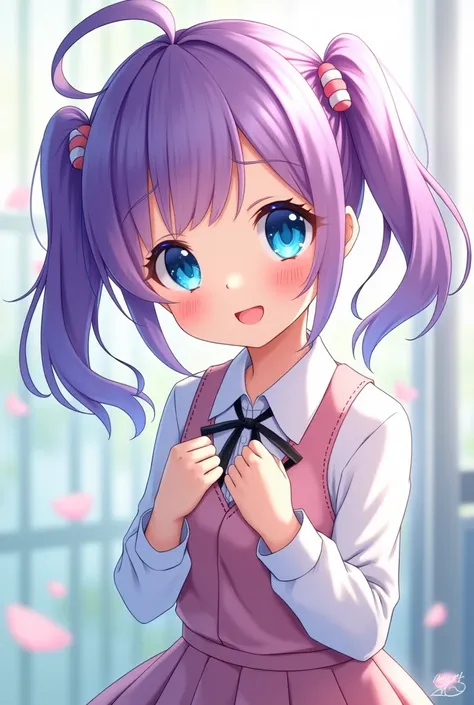 Cute anime student, with purple hair and blue eyes