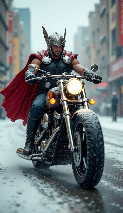 Create Thor on a chopper bike with his hammer in Mexico City on a snowy afternoon with the primary colors HD 