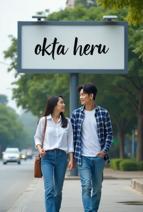 
Photography of a beautiful Indonesian woman , wearing a white shirt and blue jeans , Carrying a bag , was sitting with a clean and clear looking korean guy , wears white t-shirt , blue flannel shirt , and blue jeans, walking on the edge of a city road and...