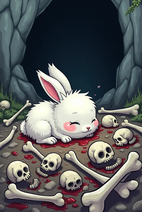 Small white bunny, slightly bloody, sleeping on a large pile of skeletons, surrounded by bones, cave entrance background, cartoon art style