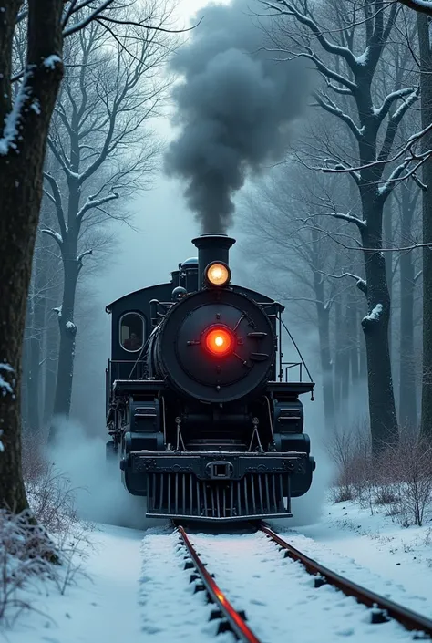 Black old train with red light driving throught snowy dark forest