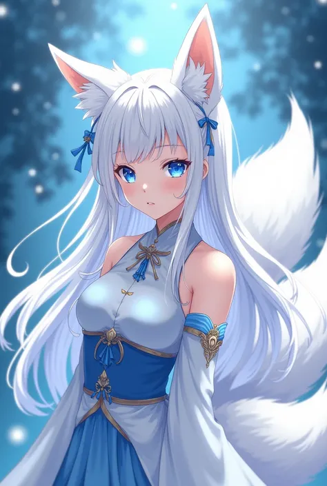 Kitsune girl, nine tales, white hair, blue eyes, high quality, anime girl, cute  