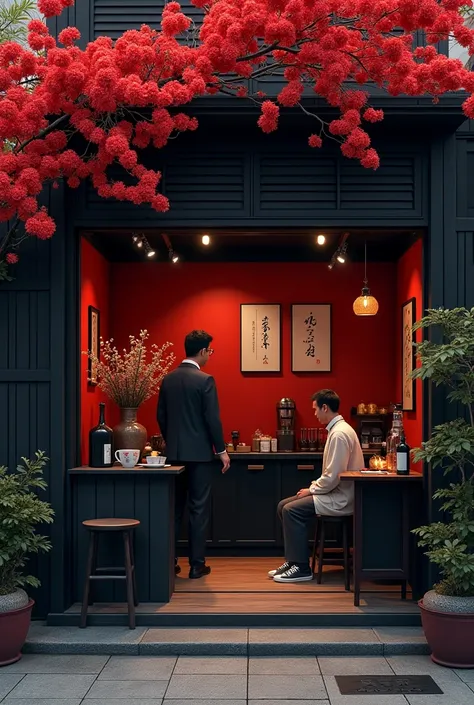 Coffee shop in Japan with a red and black tone with red flowers outside and something inspired by the Zamurais