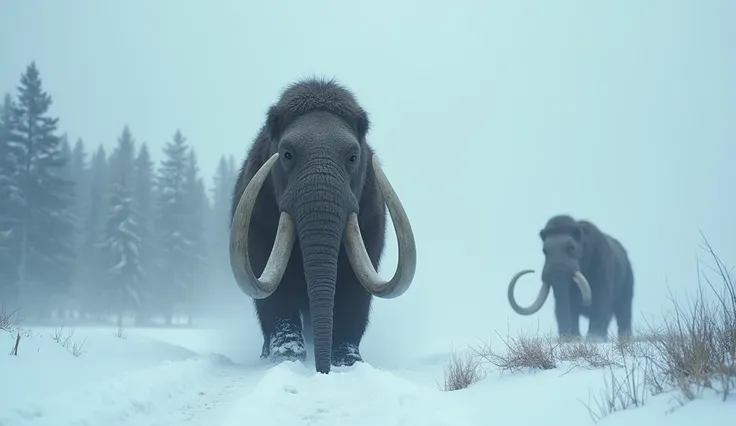 cinematic video of realistic dragon from game of thrones. "In the cold and harsh environment of the ice age, two mammoths move slowly across a snow-covered landscape. The video begins by emphasizing the mammoths' impressive and powerful build; their thick,...