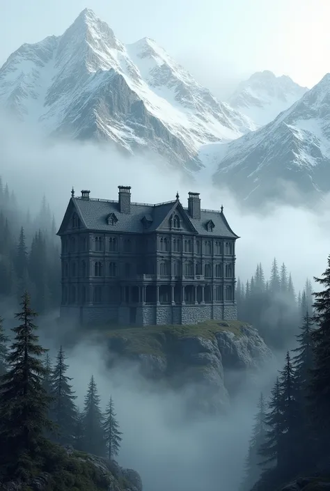 Create an image of a black marble mansion in the mountains of Alaska with fog and the mansion only being 2 storys