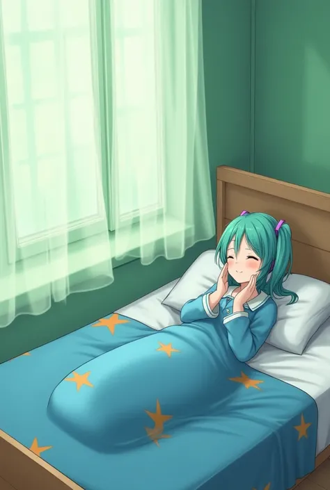 Create high quality semi-realistic images,hatsune Miku wears blue pajamas, the bedroom is painted green, the light green window curtains are thin and sheer, fluttering with the wind, she sleeps on a wooden bed, white sheets, and a blue blanket with an oran...