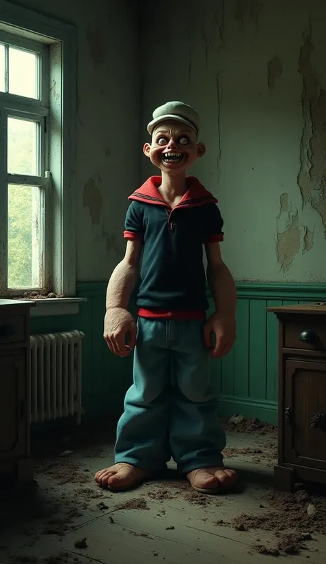 popeye,  with macabre characteristics, disturbing ,  in an abandoned and creepy house , With dark aesthetics , full of details