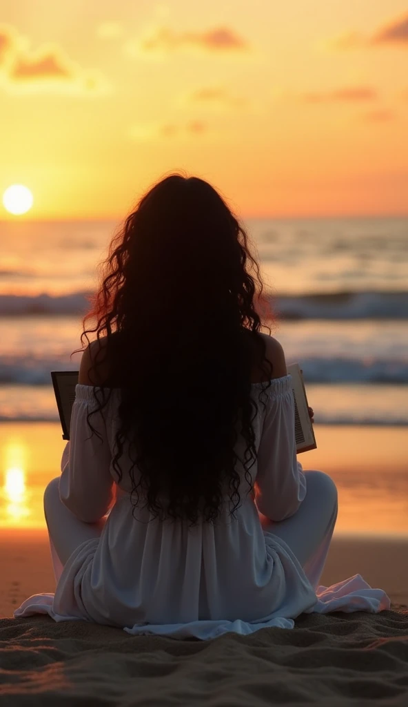 A woman with curly black hair reading at sunset on a beach as if she were meditating on the photo does not show her face only her back in long clothes