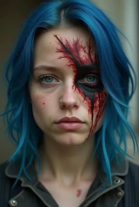 (Fanmade “The Walking Dead” character, adopted daughter of Aaron and Eric, formerly known as Natalie Frey, former Savior, permanently dyed blue hair and blue contacts in her eyes and a deep, raw burned scar on the left side of her face that stretches acros...