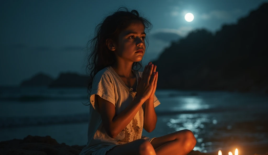 A girl, emaciated, wearing a torn and very dirty white t-shirt, feeling sad, her face dirty as she prayed, elegantly with her hands in prayer position, hands raised in worship, tears glistening on her cheeks, sitting surrounded by vacant -Lights, magical m...