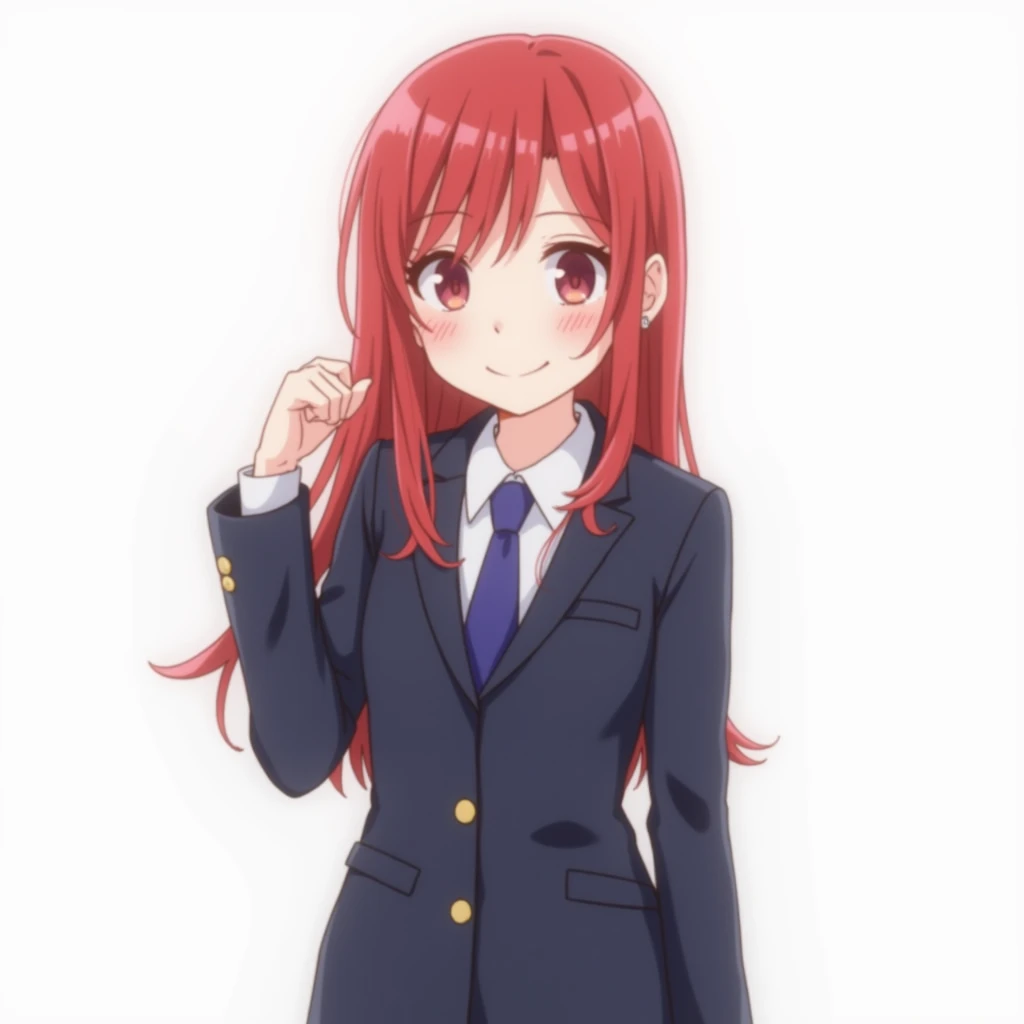  1 girl,  red hair, high resolution,  shortcuts,  asymmetrical hairstyle ,  long enough to hold left hair on the shoulder ,Right hair length to chin , anime style,  simple background,  standing picture,  smiles,  wear a dark blue three-piece suit, open the...