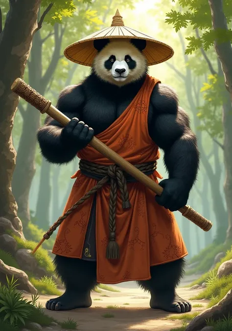 create an art of a muscular monk, panda humanoid, world of warcraft, martial artist, wooden staff, and straw hat