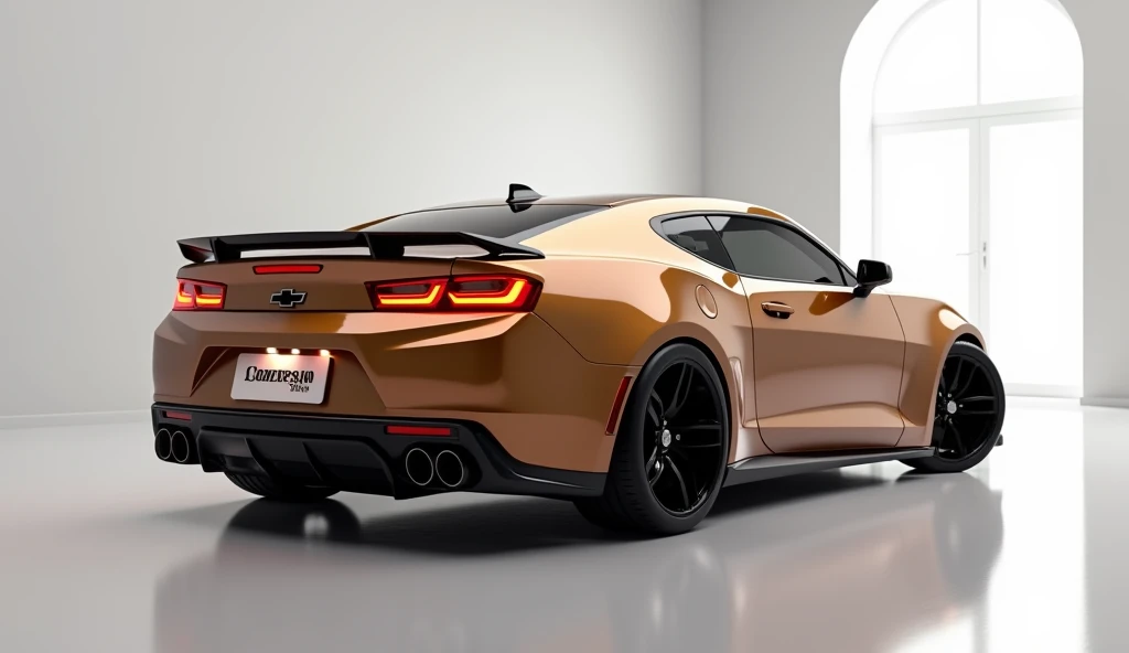 A new 2025(Chevrolet Camaro) in (bronze), a premium car. The car is parked in a sh4K ultra-realistic image of aowroom with white room on the floor.The large "Camaro" on the plate number adds exclusivity and excitement features advanced bright Orange lights...