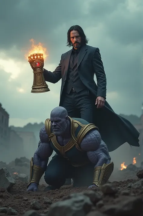 John Wick with the Glove of Infinity and Thanos is kneeling before John Wick against a background of a war-torn land . 