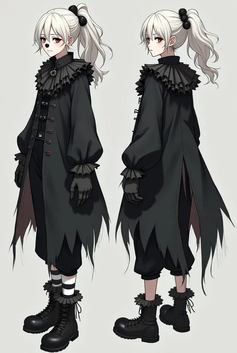 A modelsheet for a clown with white skin, semi-anime semi-realistic eyes, black clothes(some dress like black Victorian emo), a black clown nose and white hair with ponytail 