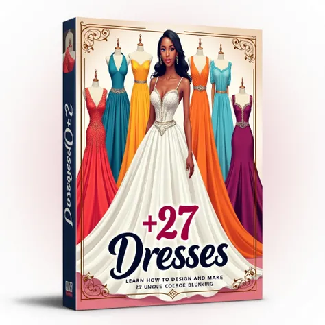 "Generate a colorful and attractive cover for a digital course titled '+27 Dresses'. The cover should include an image of an elegant female figure surrounded by several designer dresses, each with a unique and vibrant style. The background should be modern...