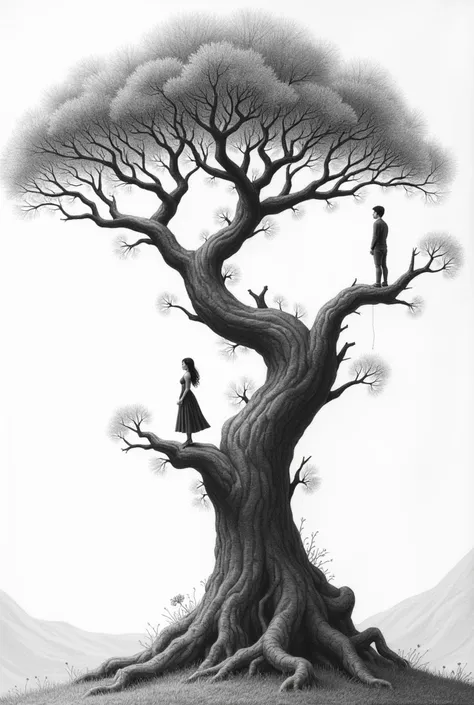 Create a black pencil drawing of a young woman standing on top of a giant tree looking at the horizon and a young man on the top branch looking at her 