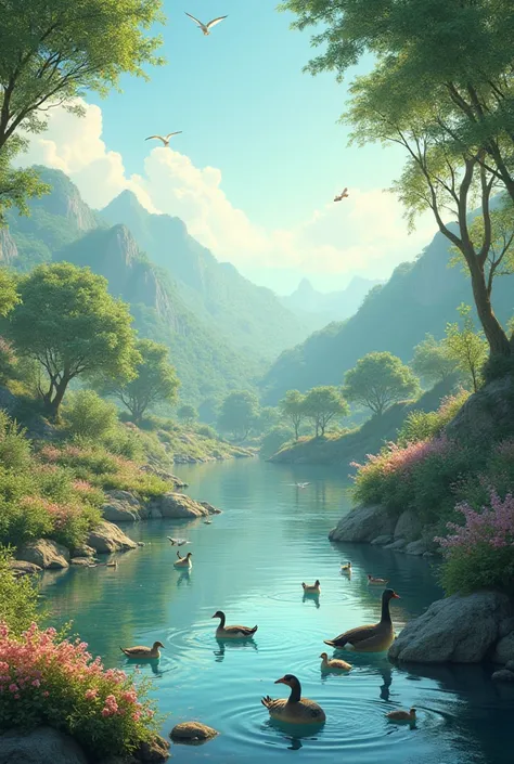  I want a very beautiful landscape, rivers, birds ,a very cozy place  