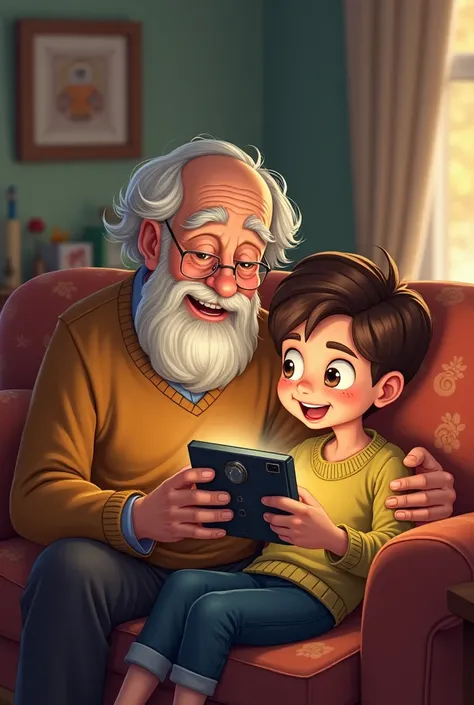 Cartoon image of a grandfather talking to a young man sitting on a sofa playing a hanphon