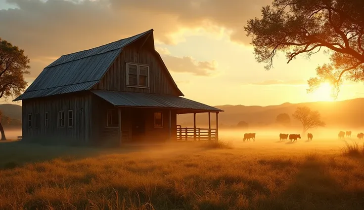 "A weathered wooden barn and farmhouse from 1927, golden sunrise light illuminating the structure, rolling Texas hills in background, morning mist rising from dewy grass, cattle grazing in distance, vintage rustic architecture, old oak trees, cinematic lig...