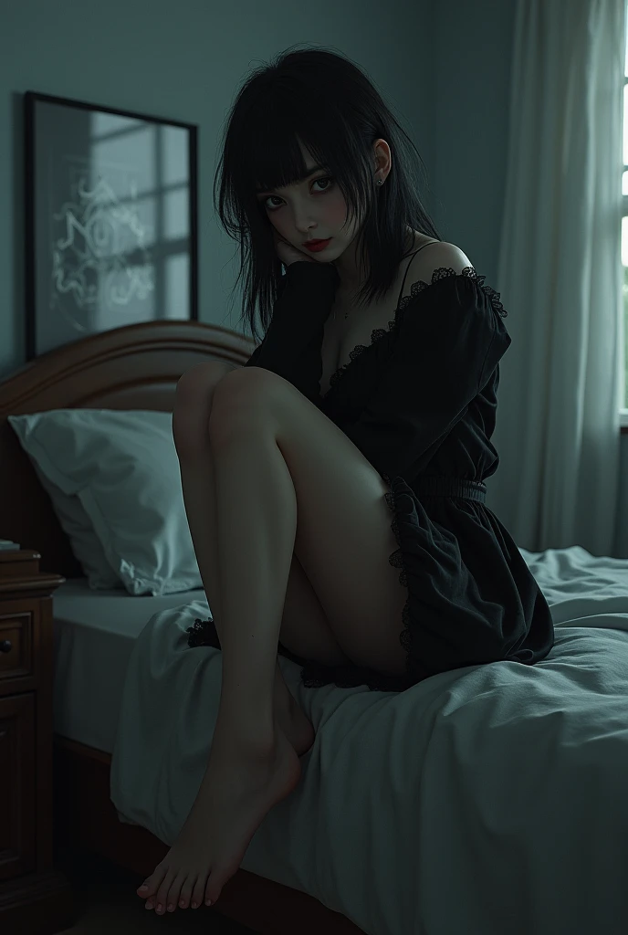 Goth then girl sitting on the edge of the bed with one legs crossed over the other dangling her bare feet and looking down at the camera