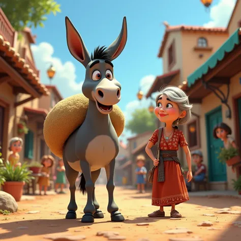 Create a vibrant and whimsical animated scene featuring a donkey with a friendly expression, set in a colorful, bustling village with a lively atmosphere. Include an old woman with expressive features, carrying a large sack, depicting a narrative of persev...