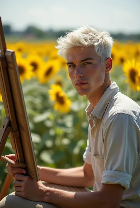 A young white man with short hair dyed white sitting in front of a painting easel and painting a very beautiful 40 cm painting. In the background, there is a pasture full of sunflowers, and it is daytime. 