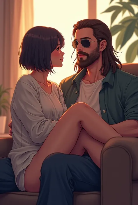  Generates the image of a man sitting in an armchair .  The man has long straight hair  , beard mustache and aviator lenses . 
A woman with short hair is sitting on her legs..  anime style 