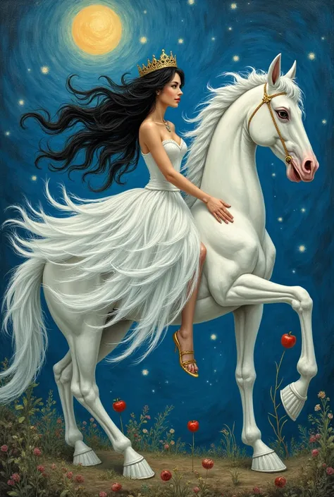  An epic sign in the style of Van Gogh's paintings ,  The Enchanted Apple ,  and a beautiful princess with snow-white skin,  long wavy and black hair ,  a white swan feather dress ,  she is riding a glass horse crystals 

