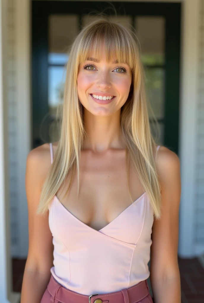 A woman with straight blond hair and a fringe in the style of side bangs. The woman will have brown eyes, a pretty face,  pale skin and a sweet smile on her lips. The woman is wearing a delicate light pink fitted blouse and a dark pink skirt. The woman wil...