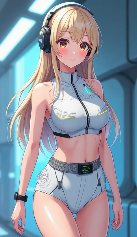 Detailed anime illustration, pixiv style,anime love-live style, zero gravity space. Woman dressed in white spaceship high-tech capsule, cold sleep device. Japanese woman, blonde long hair, blush,shy,wearing futuristic underwear with biosensors and circuit ...